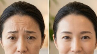 額の深い横ジワがある女性の顔と、ボトックス治療後におでこがツルッとして若々しくなった女性の顔のBefore After比較画像。