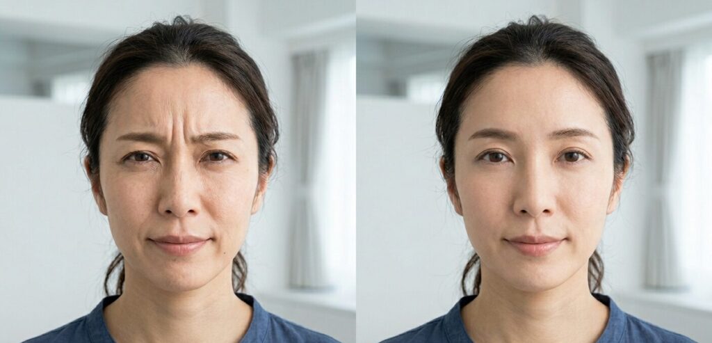 眉間のシワに対するボトックス治療のビフォーアフター比較イメージ画像。施術前は深いシワがある表情、施術後はシワが改善し優しい印象になった女性の比較。