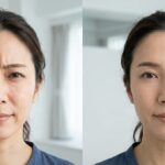 眉間のシワに対するボトックス治療のビフォーアフター比較イメージ画像。施術前は深いシワがある表情、施術後はシワが改善し優しい印象になった女性の比較。
