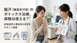 脇汗(腋窩多汗症)の保険適用ボトックス治療について医師に相談する女性のイラスト