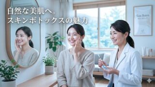 明るく清潔感のある診察室で、笑顔の女性患者にスキンボトックスの説明をする女性医師のイラスト。背景には「スキンボトックスの魅力」という文字